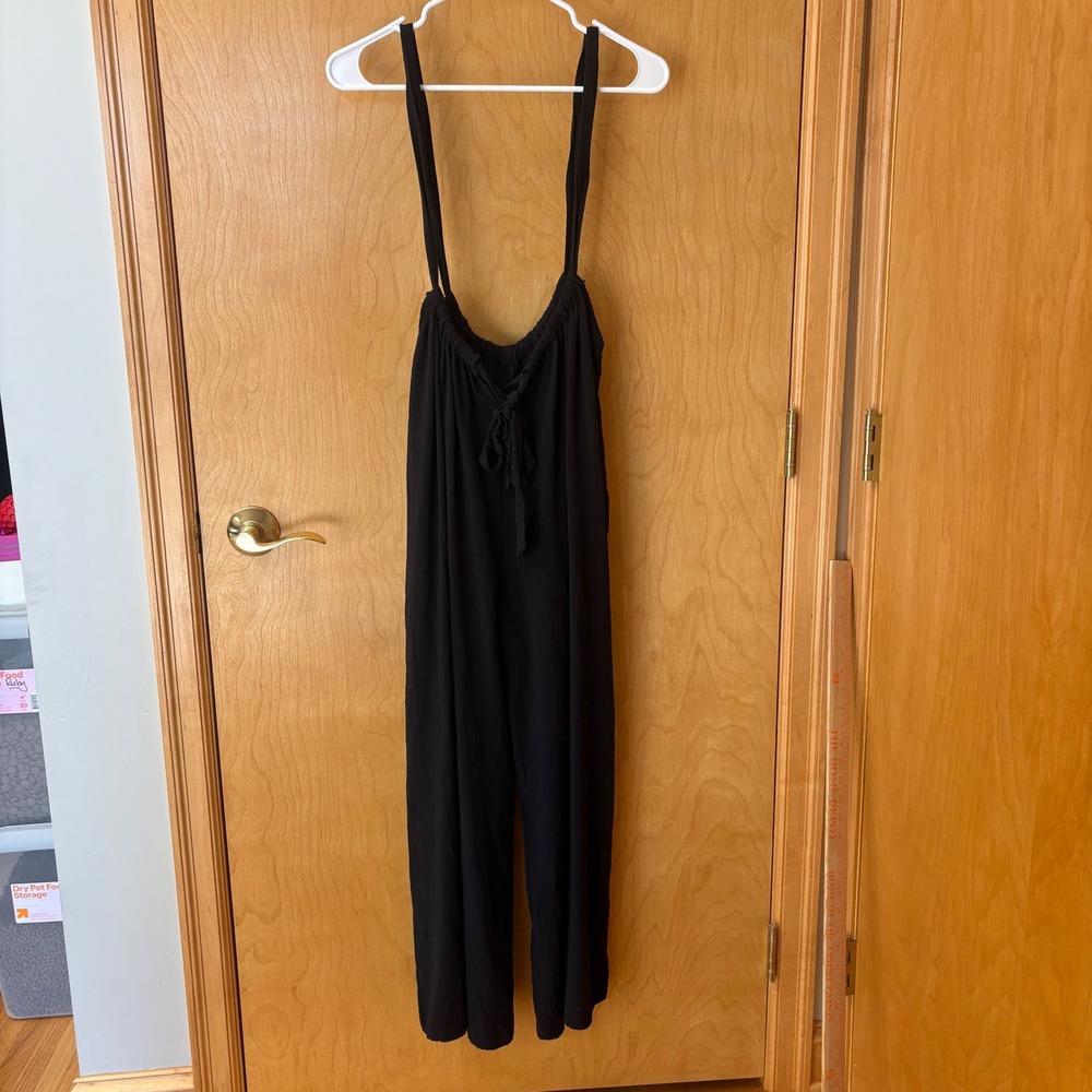 Final Touch Jumpsuit Womens Medium Black Rayon Wide Leg Tie Front JU17315E